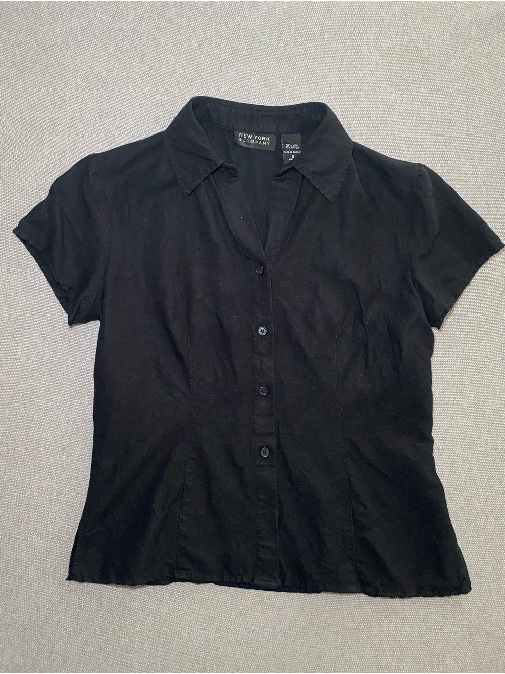 Minimalist New York & Company Womens S Black Linen Blend Button Up Office Core